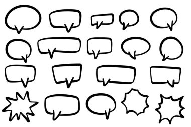 Konuşma balonu karalaması, mürekkep karikatürü röfleri, komik klip sanat unsurları, metin kutusu illüstrasyon seti, izole edilmiş