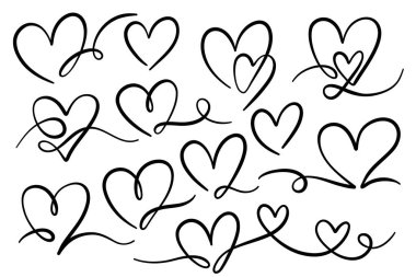 Mürekkep kalp kıvrımlı karalama, zarif el çizimleri, kaligrafik dekoratif öğeler, izole edilmiş.