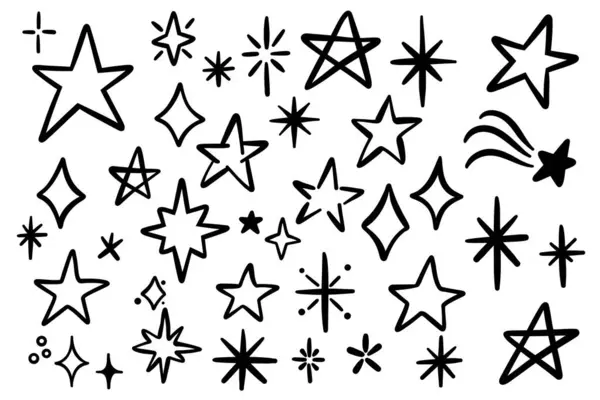 Yıldız karalaması, mürekkep parlamaları, el çizimi resimleme seti, siyah çizgi tasarım koleksiyonu, izole edilmiş