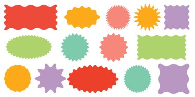 Vektör çerçeve seti, renkli vintage zig zag, dalgalı kenar şekilleri, soyut rozet, etiket veya pul koleksiyonu, izole edilmiş