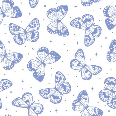 Mavi beyaz kelebek vektör deseni, pürüzsüz tekrar eden fayans, şirin yay deseni tasarımı