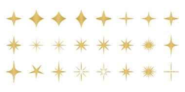 Altın parıldayan yıldız şekilleri, vektör illüstrasyon seti, kalite işareti veya etiket, altın tatil klibi resim çizimi, dekoratif elementler