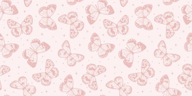 Pastel pembe kelebek vektör deseni, pürüzsüz arka plan döşemesi, şirin duvar kağıdı tasarımı, sihirli bahar çizimi, yatay çizim