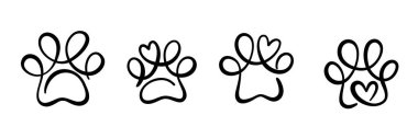 Paw logo seti, çizgi sanatı şekilleri tek çizgi mürekkep çizimi girdap tasarımı, düz klip sanat seti