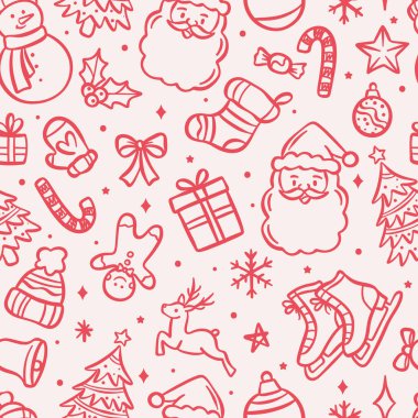 Sevimli bir Noel çizgi filmi deseni, kusursuz vektör tekrar karalama çizimi, duvar kağıdı döşemesi