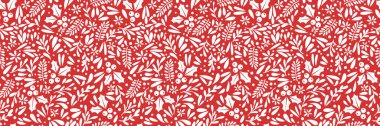 Holly ilex kış yaprakları vektör deseni, kırmızı ve beyaz bayram kusursuz yinelenen sınır, Noel yatay arka plan tasarımı