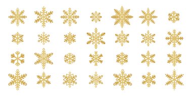 Altın kar tanesi vektör klipsi sanatı, kar ikonu koleksiyonu, el çizimi kış tatili çizimi seti, izole edilmiş