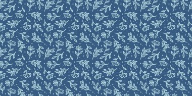Koyu mavi dikenli çiçek deseni, kusursuz yinelenen vektör deseni, yatay arkaplan çizimi veya duvar kağıdı tasarımı