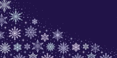 Koyu mor kar tanesi tatil davetiyesi konsepti tasarımı, vektör kar pankartı veya sınır çizimi, renkli kristal çizimler, duvar kağıdı şablonu