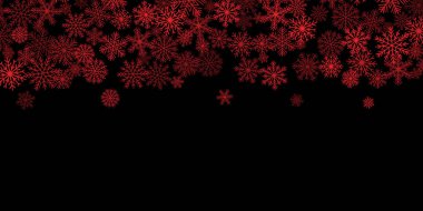 Koyu kırmızı kar konfetisi arka planı, siyah arkaplanda vektör kar tanesi çerçevesi, şenlikli kış tatili başlığı, selamlama veya tanıtım şablonu