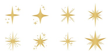 Altın yıldızlar, vektör yıldızı illüstrasyon sanat seti, parlayan metalik ışıltı sembolü, kutlama klipsi sanat şekli seti