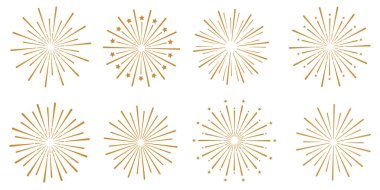 Havai fişek güneş patlaması ya da yıldız patlaması illüstrasyonu, retro vektör patlaması şekilleri, bayram kutlamaları dekoratif klip seti