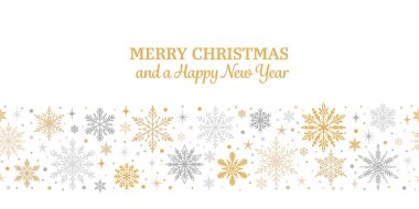 Mutlu Noeller zarif tebrik kartı tasarımı, kesintisiz kar taneleri sınırı, kış tatili ilanı, parlak afiş