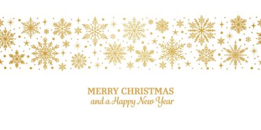 Altın gradyan Mutlu Noeller tebrik kartı tasarımı, kesintisiz tekrar eden kar tanesi sınırı, kış tatili dilekleri, beyaz ve altın rengi.
