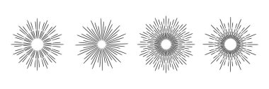 Retro güneş patlaması vektör çizimi, doğrusal zarif güneş ışını, çizgi sanat patlaması seti