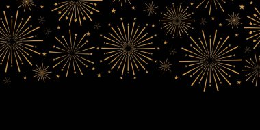 Altın ve siyah havai fişek bayrağı, vektör yıldız patlaması sınır tasarımı, kutlama duvar kağıdı, koyu renk