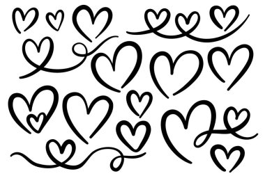 Kalp karalamaları, vektör çizgileri, çizimler, karikatür kalpleri dekoratif sanat seti.