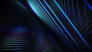 Siyah fütürist soyut animasyon, koyu mavi dikişsiz döngülü neon ışınları modern arka plan