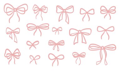 Şirin pembe fiyonk çizim seti, vektör kurdele karalama klipsi koleksiyonu, izole edilmiş.