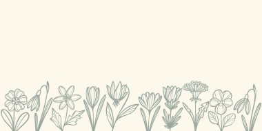 Basit, zarif bahar çiçeği çizgisi sanat kenar arkaplanı, vektör çiçekli afiş boş tapınak tasarımı