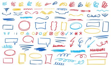 Renkli karalama çizimi karikatür elementleri, dekoratif organik el çizimleri, vektör çizim çerçeveleri bir çizgi