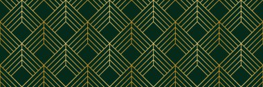 Zümrüt yeşili ve gradyan altın rengi deko pürüzsüz vektör tekrarlayan desen bayrak tasarımı, zarif koyu yatay arkaplan tasarımı