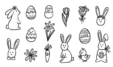 Şirin Paskalya vektör çizgileri sanat karalamaları, bahar tatilleri için sevimli minimalist çizimler, çiçekli şirin tavşan, izole edilmiş.