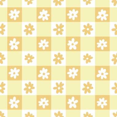 Sarı turuncu gingham ekose çiçek vektörü tekrar desen, pürüzsüz yinelenen fayans tasarımı