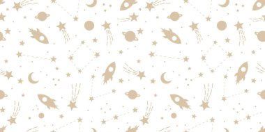 Göksel sıcak, nötr, bej ve beyaz hızlı roket gemileri yıldızlı, vektör duvar kağıdı tasarımlı, kusursuz desenli galaksiler.