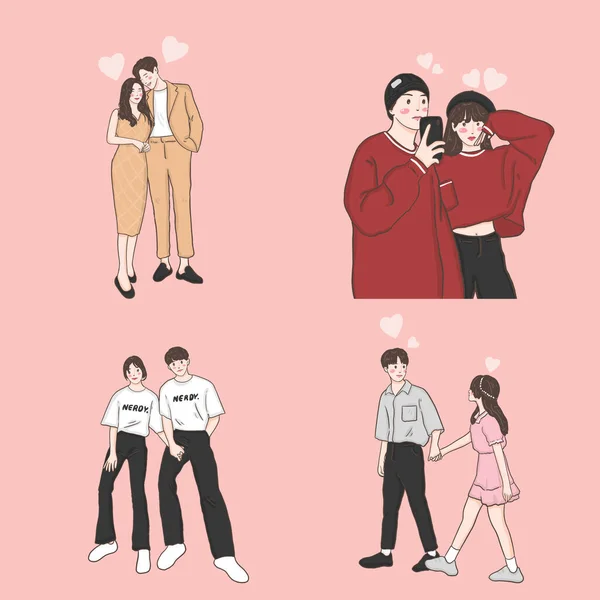 Collection Happy Love Couple Fall Love Illustration Valentine Celebration — 图库矢量图片