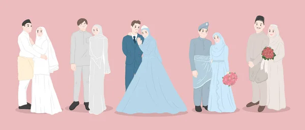 Muslim Wedding Couple Characters Bride Groom Muslim Style — Vettoriale Stock