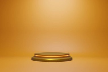 Ürün sunumu, sahne ya da podyum sarı ya da turuncu stüdyo arka planında ürünü sunacak, 3D görüntüleme