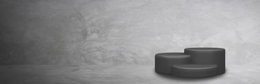 Ürün sunumu, sahne veya podyum gri beton duvar stüdyosu ve boş zemin zemin zemininde ürünü sunacak, 3D görüntüleme