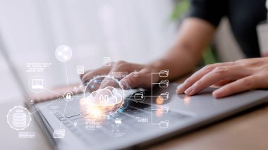 Gelecekteki Veri Ağı 'nda gösterilecek bulut transferi için internet sunucu hizmetlerine bağlı bilgisayar iş ağı fikirleri için çevrimiçi bilgisayar teknolojisi ve depolama.