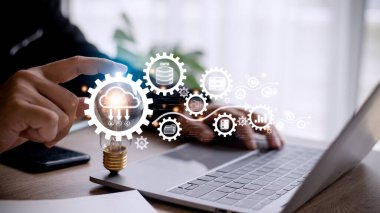 Bulut hesaplama şeması. Bulut teknolojisi. Veri deposu. Ağ ve internet hizmeti kavramı.