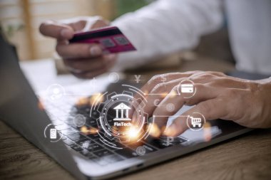 Finans teknolojileri kavramı işadamı fintech kelime seçerek geleceği