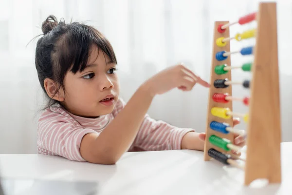 Young Cute Asian Girl Using Abacus Colored Beads Learn How — Stock Photo, Image