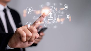 Finans teknolojileri kavramı işadamı fintech kelime seçerek geleceği