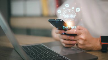 Digital chatbot, chat GPT, robot application, conversation assistant, AI Artificial Intelligence concept. Man using mobile smart phone, with digital chatbot on virtual screen