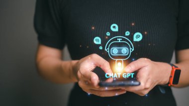 Digital chatbot, chat GPT, robot application, conversation assistant, AI Artificial Intelligence concept. Man using mobile smart phone, with digital chatbot on virtual screen
