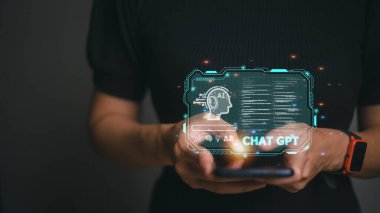 ChatGPT Chat with AI or Artificial Intelligence. Business chatting with a smart AI or artificial intelligence using an artificial intelligence chatbot developed by OpenAI.