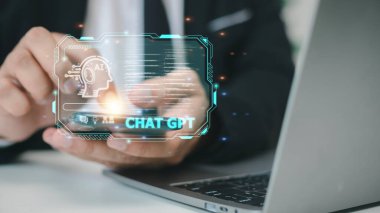 ChatGPT Chat with AI or Artificial Intelligence. Business chatting with a smart AI or artificial intelligence using an artificial intelligence chatbot developed by OpenAI.