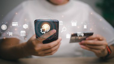 Access paying online payment concept. Woman hand using smartphones, banking and online shopping via banking mobile apps, E-transaction and financial technology, E-commerce delivery online payment.