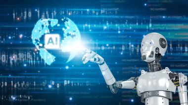 Robotik el, öğrenme ve kontrol için dünya hologramına dokunur, çizgi dijital ağ konsepti yapay zeka teknolojisi ve yenilik, iş ve endüstriyel kontrol robot ile