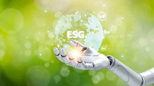 Artificial intelligence mechanical robot hand unity holding the earth with ESG text, world development of AI technology, modern machine learning research, environment, and ecology concept