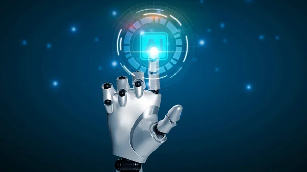 stock image Hand robot touching computer chip and binary data. Futuristic Artificial intelligence AI. Deep Learning. Neural Network. Brain representing. 