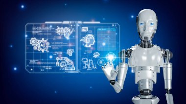 Yapay Zeka 'dan Chatbot Sohbeti. Teknolojik akıllı robot yapay zekayı kullanan robot komut girerek bir şey üretiyor, gelecekteki teknoloji dönüşümü.. 