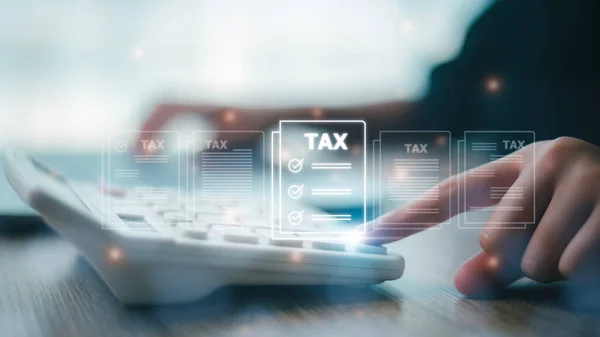 Corporate Individual Tax Payment Concept Woman Using Computer Filling Out — Fotografia de Stock