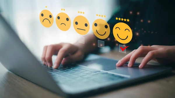 stock image Users give ratings to service experience, Customer satisfaction concept. Positive emotion happy smile face five stars and crown, feedback, service, survey, standard quality. certification