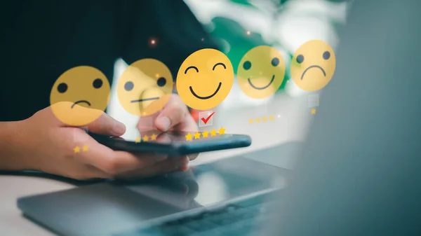 Users give ratings to service experience, Customer satisfaction concept. Positive emotion happy smile face five stars and crown, feedback, service, survey, standard quality. certification
